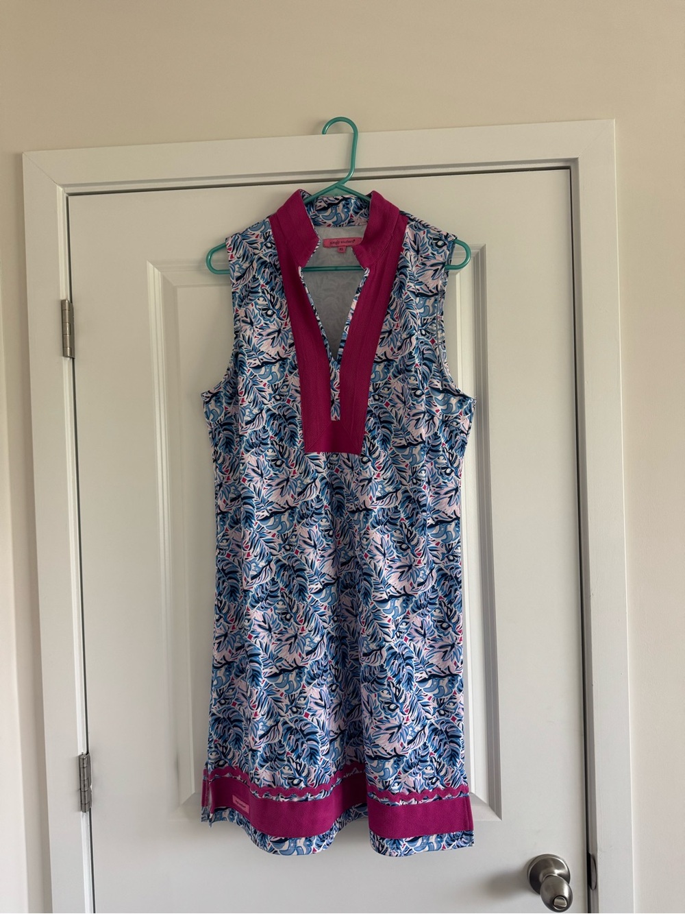 Women’s Simply Southern V Neck Leaf Print Blue Tunic Dress with Pink Accents